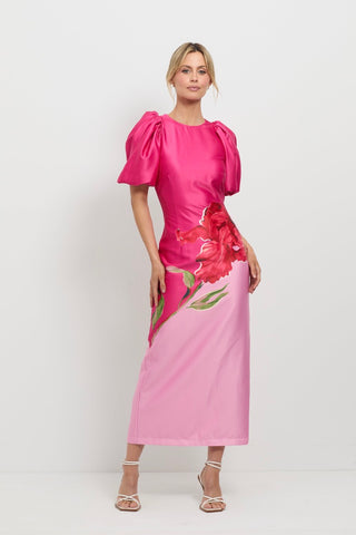 Pasduchas Pompon Sleeve Midi Dress - Pink Floral