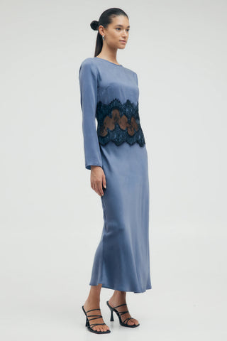 Third Form Visions Lace Trim Long Sleeve Maxi Dress - Sapphire