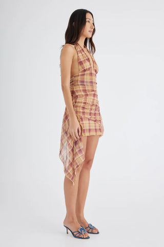 Benni Penelope Halter Mini Dress - Toffee Check