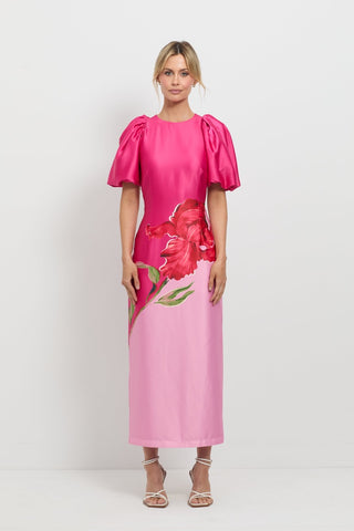 Pasduchas Pompon Sleeve Midi Dress - Pink Floral