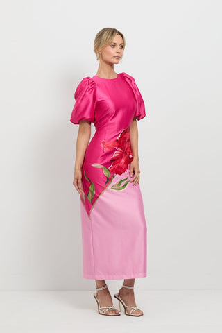 Pasduchas Pompon Sleeve Midi Dress - Pink Floral