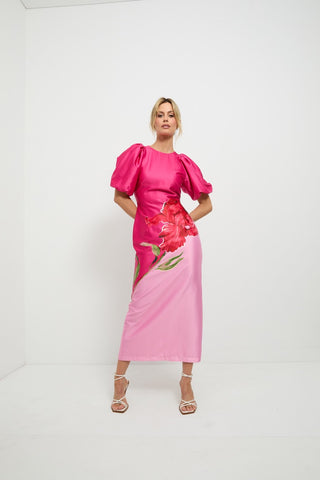 Pasduchas Pompon Sleeve Midi Dress - Pink Floral