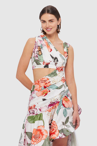 Leo Lin Tyler Asymmetric Gown - Lush Print in White