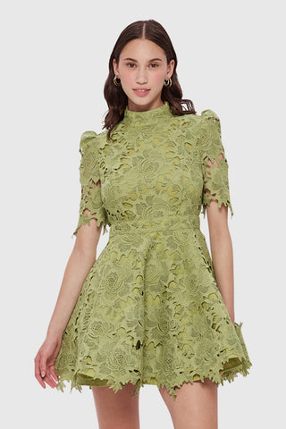 Leo Lin Elise Lace Short Sleeve Mini Dress - Olive