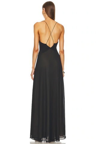 Helsa Studio Sheer Deep V Long Slip Dress - Black