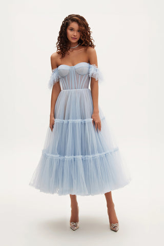 Milla Ruffled Tulle Midi Dress - Light Blue