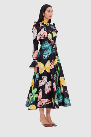 Leo Lin Katrina Butterfly Sleeve Midi Dress - Papillon Print in Black