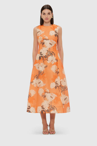 Leo Lin Cleo Sleeveless Midi Dress - Hydrangea Print in Tangerine