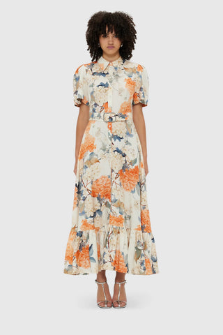 Leo Lin Becca Short Sleeve Midi Dress - Hydrangea Print in Vanilla