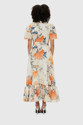 Leo Lin Becca Short Sleeve Midi Dress - Hydrangea Print in Vanilla