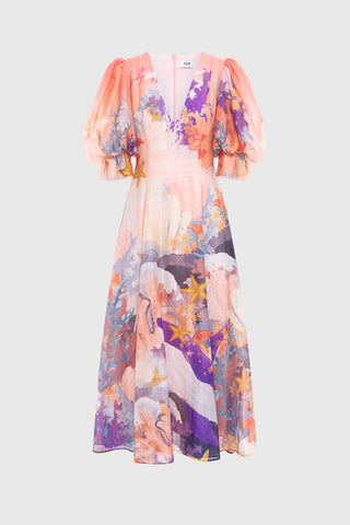 Leo Lin Lara V Neck Maxi Dress - Neptune Print in Coral