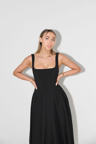 Odd Muse The Ultimate Muse High Waist Square Neck Midi Dress - Black