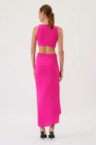 Suboo Garnet Sleeveless Rouched Cross Over Midi Dress - Hyper Pink