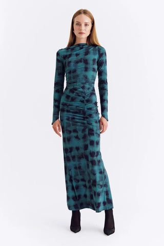 Suboo Shibori Long Sleeve Rouched Dress - Green Print