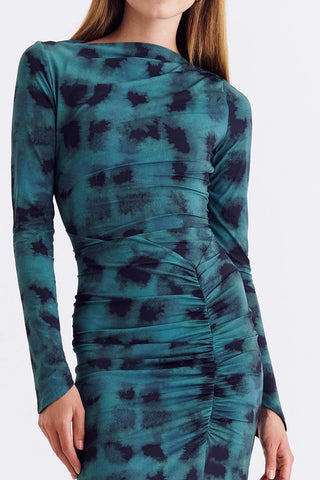 Suboo Shibori Long Sleeve Rouched Dress - Green Print