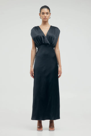 Third Form Satin Cross Over Gather Dress - Black