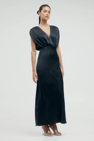 Third Form Satin Cross Over Gather Dress - Black