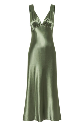 Third Form Satin Gather Bra Bias Slip Dress - Olive