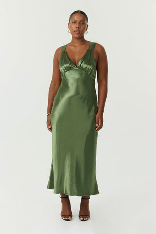 Third Form Satin Gather Bra Bias Slip Dress - Olive