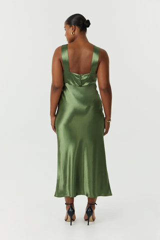 Third Form Satin Gather Bra Bias Slip Dress - Olive