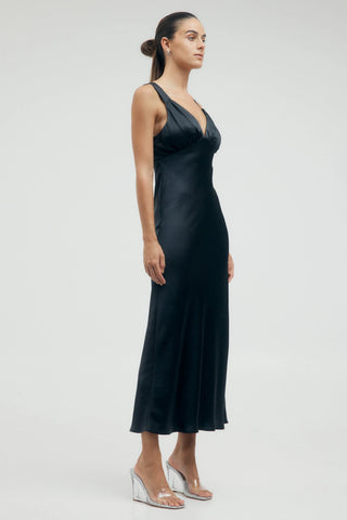 Third Form Satin Gather Bra Bias Slip Dress - Black