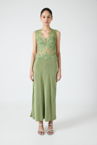 Third Form Visions Lace Deep V Neck Maxi Dress - Sage