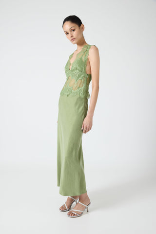 Third Form Visions Lace Deep V Neck Maxi Dress - Sage