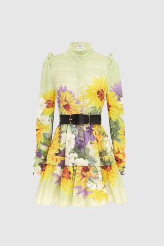 Leo Lin Christina High Neck Mini Dress - Sunflower Print in Green