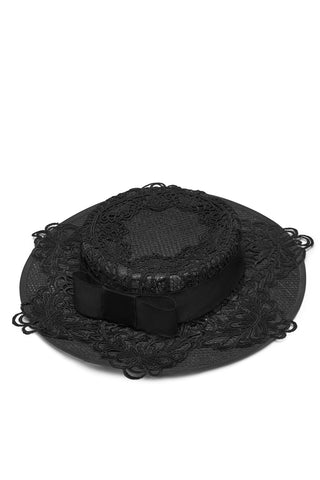 Heather McDowall Louise Guipure Lace Boater Hat - Black